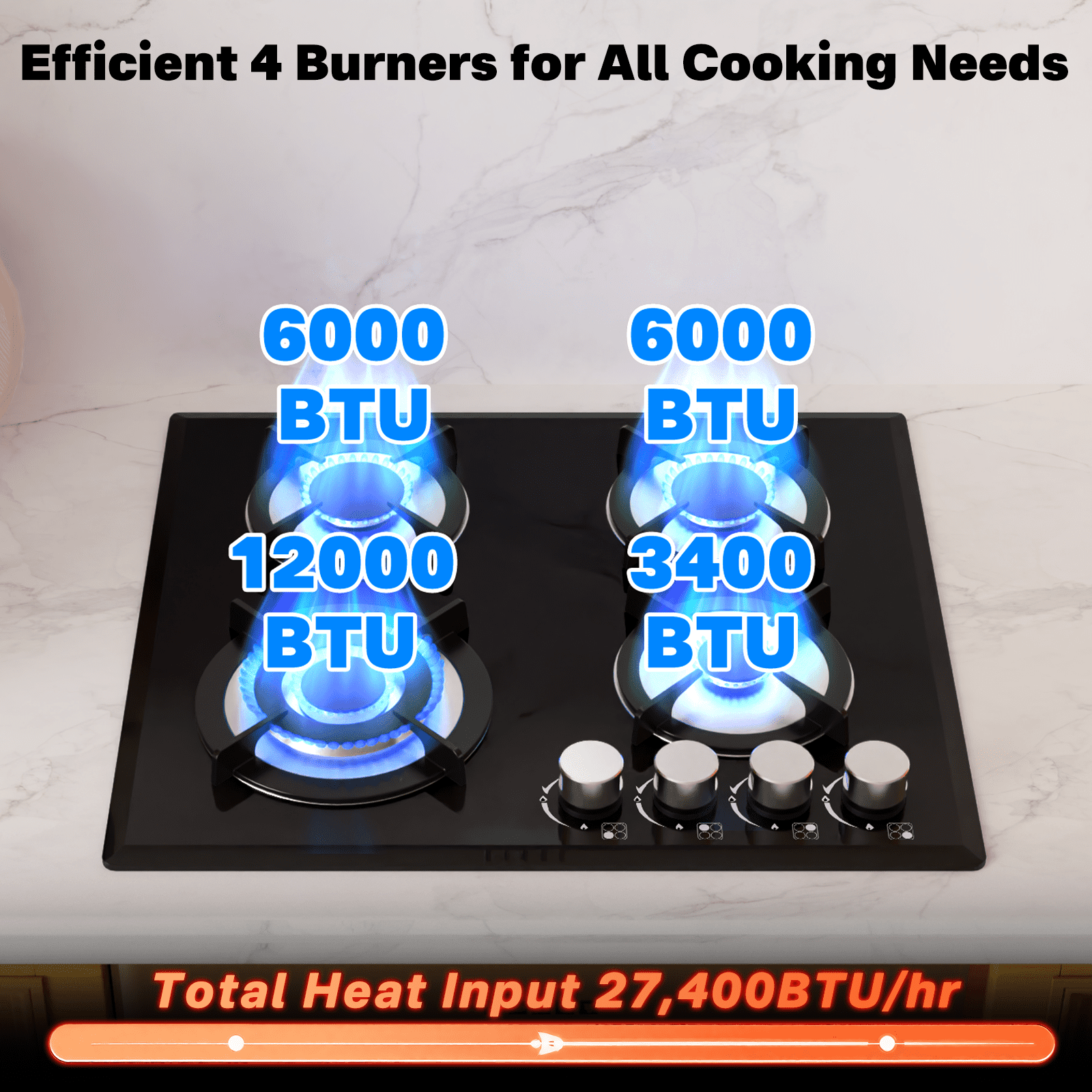 TYEMUI 4 Burners 24 inch Gas Stove Top, Built-in Glass Gas Cooktop Propane Neutral Gas Convertible Stovetop, NG/LPG Dual Fuel Stovetop for Home, RVs