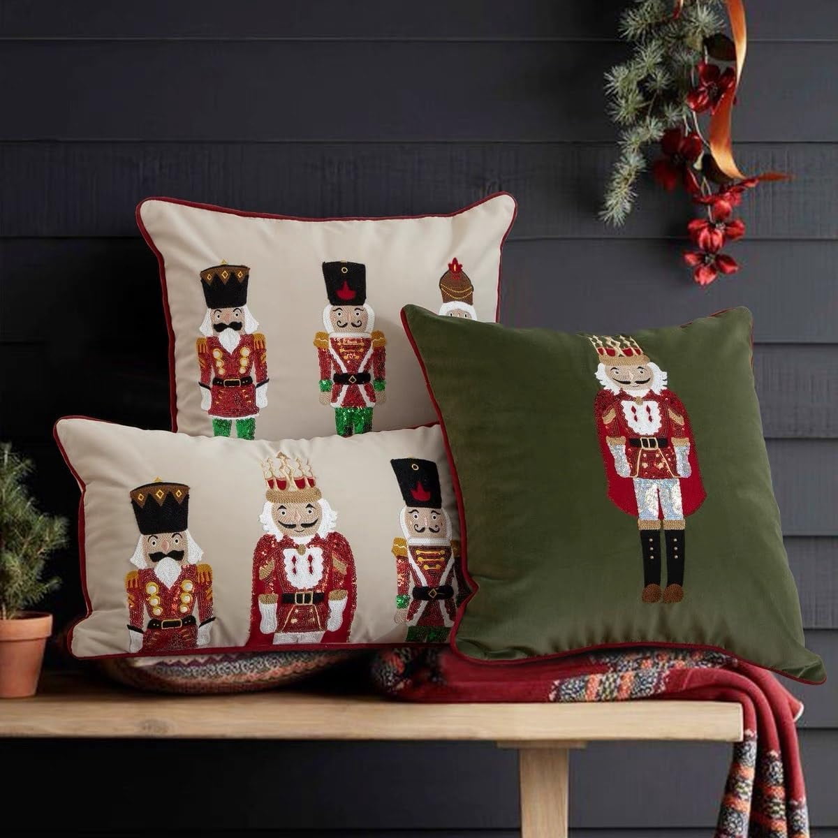 Fennco Styles Embroidered Sequin Nutcracker Velvet Throw Pillow Cover 18" W x 18" L - White Festive Cushion Case for Home, Christmas, Winter Holidays Décor, and Special Occasions
