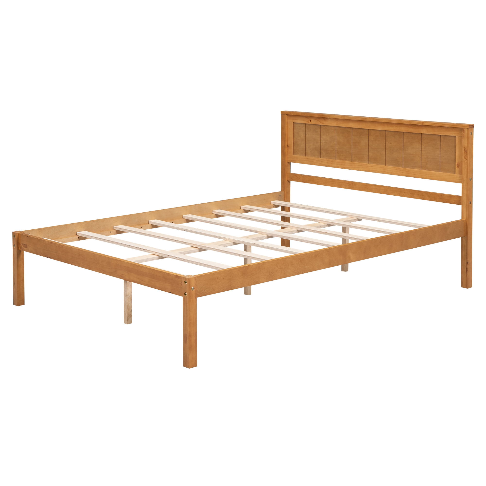 Euroco Full Platform Bed, Modern Wood Frame Bed with Headboard and Slats for Kids Room, No Box Spring Needed, Oak