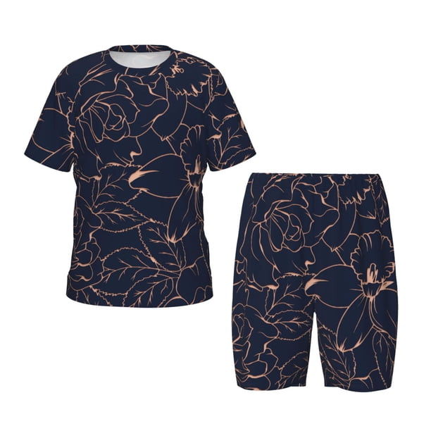 Balery Copper-Gold Gloss Outline Flower Conjunto de Pijama Infantil de Manga Corta con Estampado – Ropa de Dormir de Algodón Suave-XX-Large