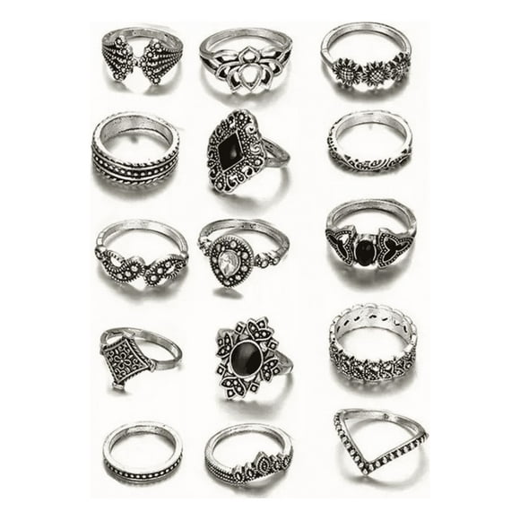 Set De 15 Anillos Piedra Negra Gótico Tribal