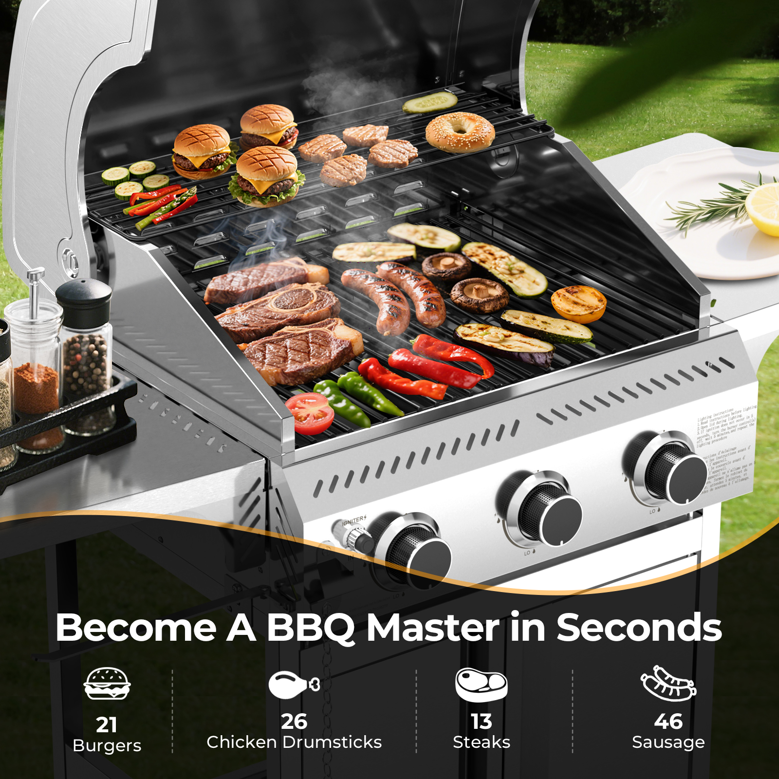 WAA 3-Burner Propane Gas Grill,24000BTU Stainless Steel BBQ with Foldable Side Tables & Durable Grates - Ideal for Outdoor Backyard/Patio Cooking
