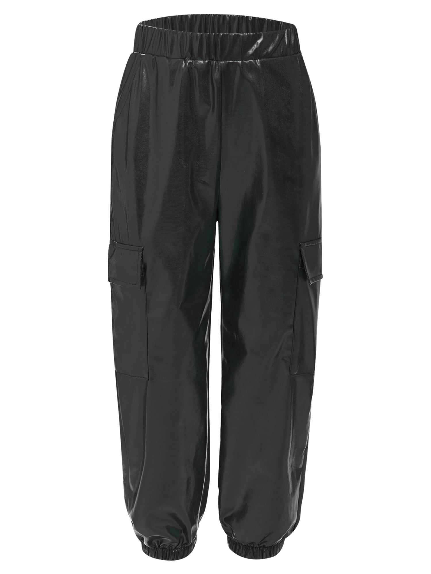 CHICTRY Shiny Holographic Cargo Pants Girls Boys Jazz Hip-Hop Street Dance Wear Trousers with Pockets Black 6