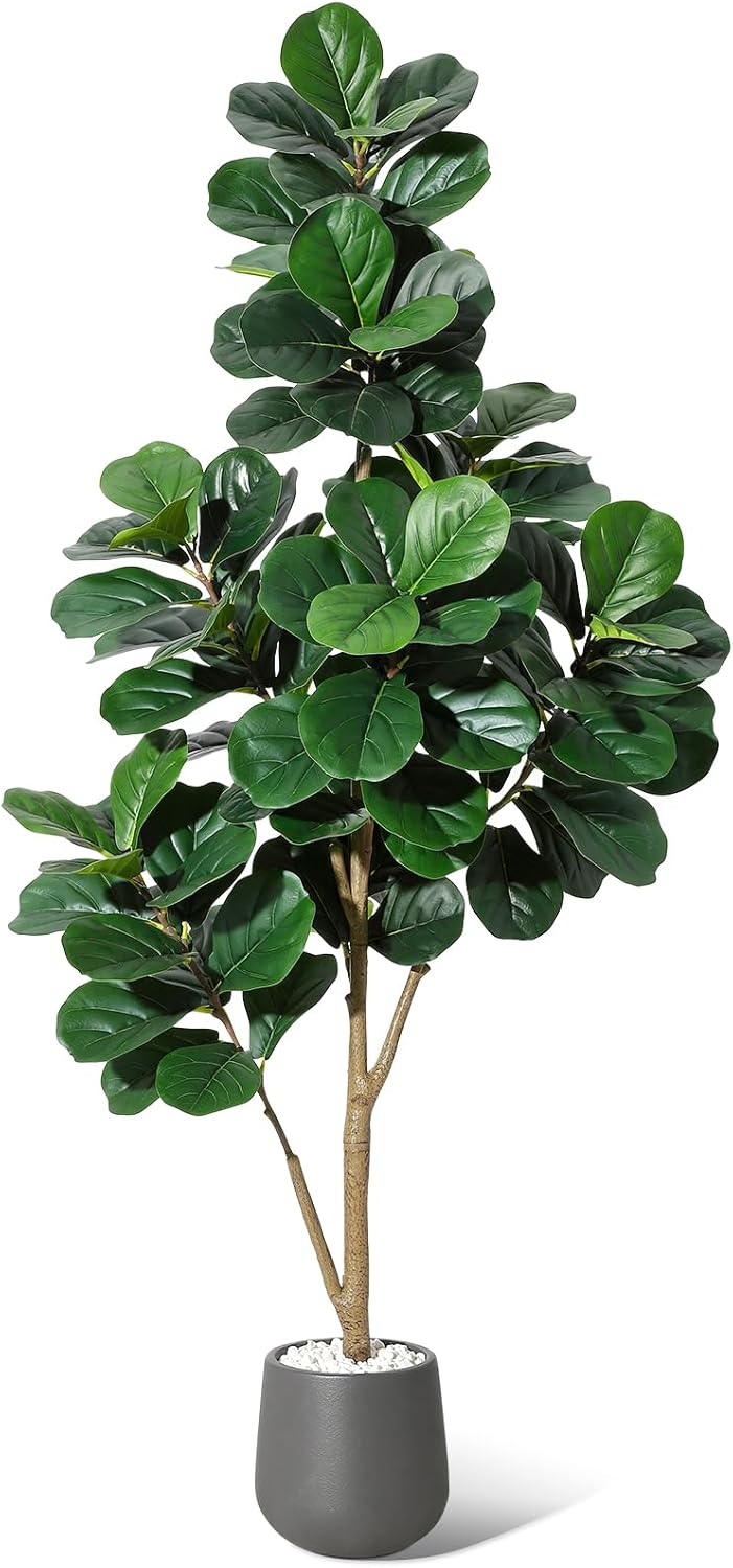 6 ft Fiddle Leaf Fig Tree Artificial with 108 Leaves - Realistic Faux Ficus Lyrata Trees in 9 in Grey Planter Pot, Indoor Fake Floor Plants for Home Office Living Room Decor, Housewarming Gift