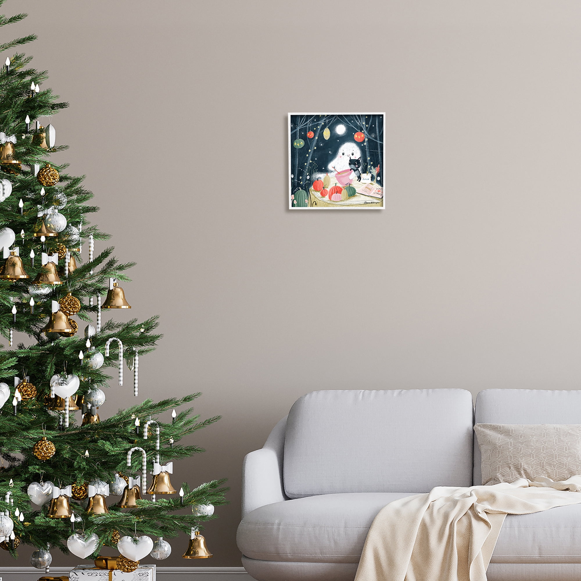 Stupell Industries Cat & Ghost Baking Pumpkin Cake Holiday Painting White Framed Art Print Wall Art