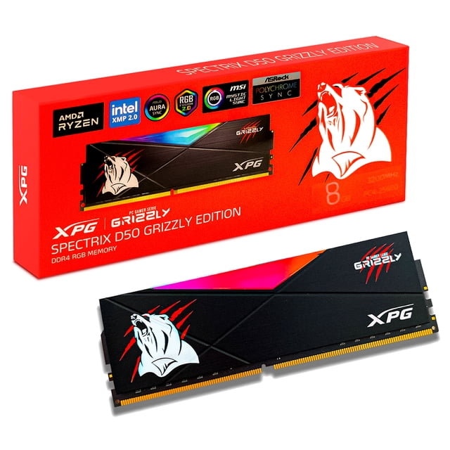 MEMORIA RAM XPG ADATA D50 EDICION ESPECIAL GRIZZLY DDR4 8GB 3200 MHz NEGRO RGB AX4U32008G16A-SB50GZ