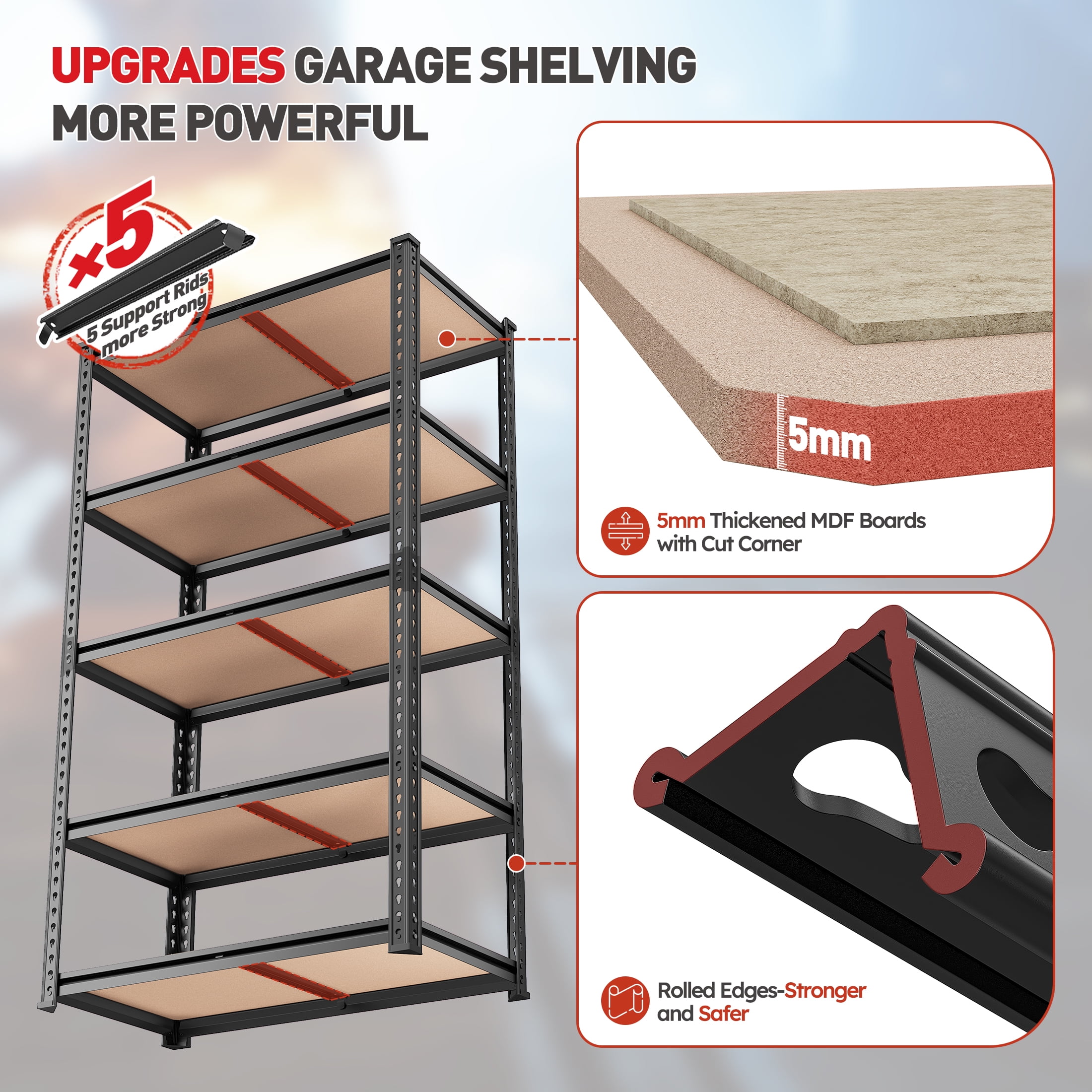 REIBII 5-Tier Adjustable Storage Shelf Units for Garage, 35.6"W x 16"D x 72"H, 2050 lbs
