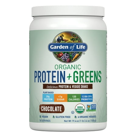 Garden of Life Organic Protein & Greens Protein Powder, with 6 Organic Veggies and 20g Protein - Chocolate, with less than 1g of Sugar, Vegan and Gluten Free - 18 Servings