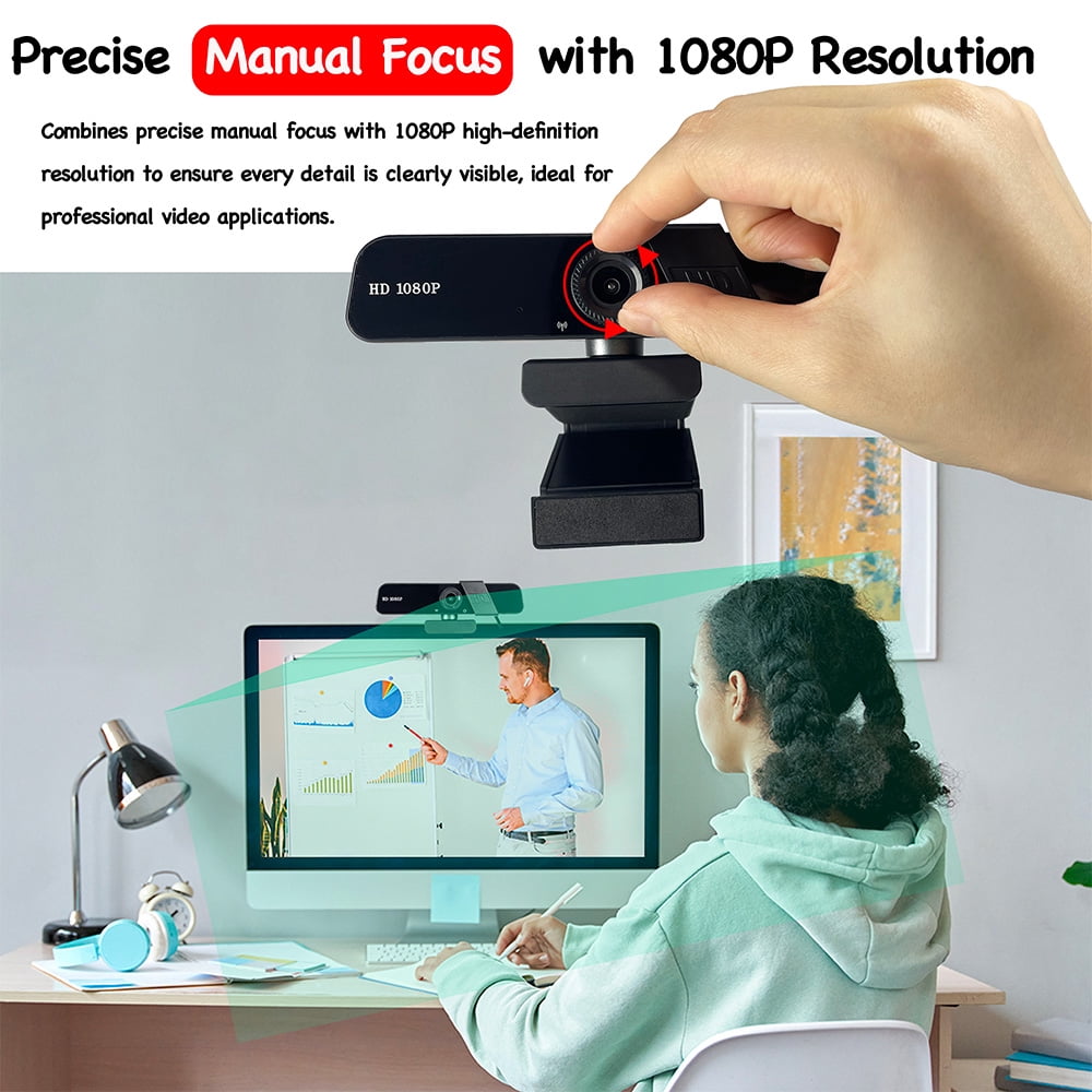Q8 1080P HD USB PC Webcam with Manual , 120° Wide Angle, Mic, Privacy Cover, Tripod, Type-C, for Zoom/Skype/Live