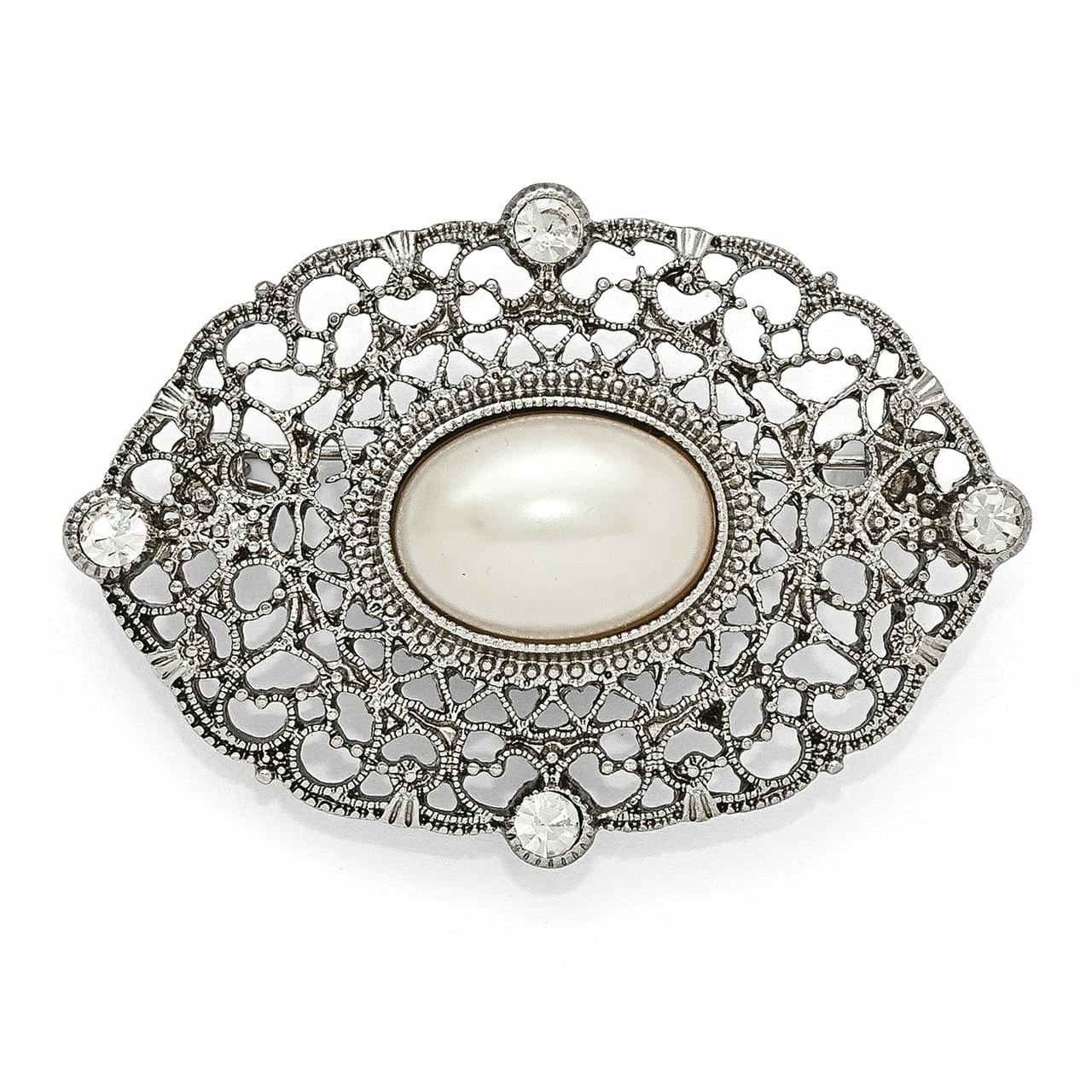 1928 Silver-tone Downton Abbey Clear Glass & Simulated Pearl Oval Pin by
