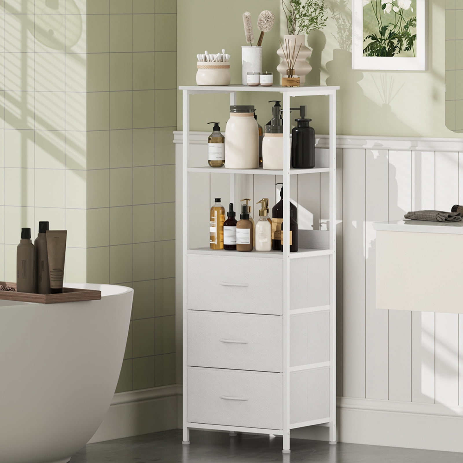 Eunos 6 Tier White Bookcase with Drawers, 3 Removable Drawer Ladder Bookshelf, Bedroom Study