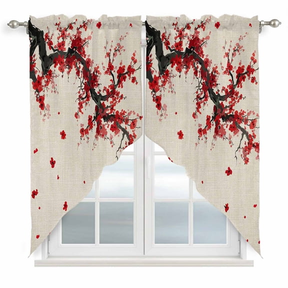 Red Flowers Swag Curtains for Kitchen/Bedroom/Living Room, Vintage Chinese Painting Plum Branches Scalloped Curtains 63 Inch Long, Rod Pocket Window Swag Topper Curtains Valances 2 Panels Set 36"x63"