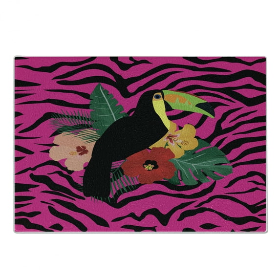 Pink Zebra Cutting Board, Toucan Bird Sitting on Hibiscus Plants Flowers Large Leaves on Zebra Background, Decorative Tempered Glass Cutting and Serving Board, Small Size, Multicolor, by Ambesonne