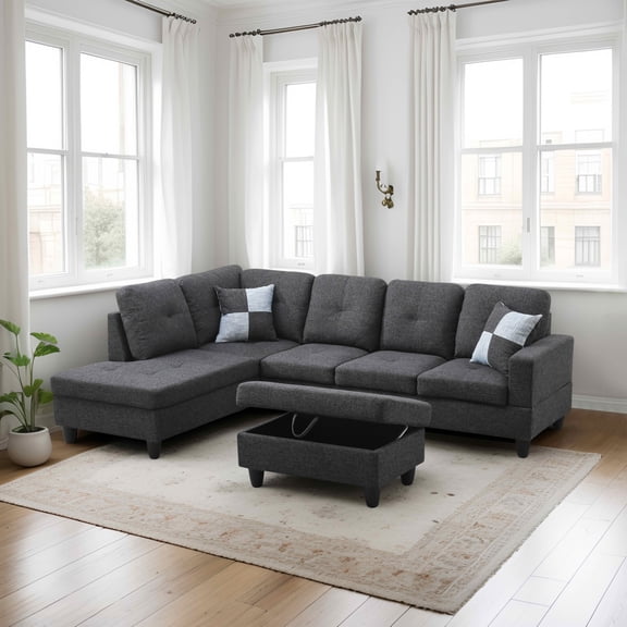 MAYEERTY 103.5" Black Gray Flannel & Faux Leather L-Shaped Sectional Sofa, 3 Piece Tufted Corner Couch with Storage Ottoman Solid Wood Frame