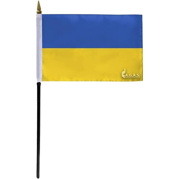 AGAS Ukraine Mini Stick Flag 4x6 inch – Durable Polyester with Stitched Edges, 11" Plastic Pole & Stable Black Base for Table or Office Display