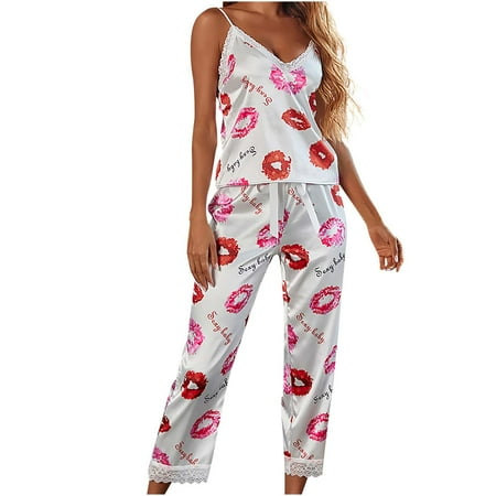 

COBKK Pajamas For Women Soft Comfy Pajama Sets Women s Sexy Pajama Suit With Suspender And Lace+two Piece Trousers Womens Pajama Sets Holiday White Dressy Casual Fashion Loose Fit Elegant Pajamas