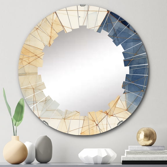 Designart "Minimalism in Blue and Gold II" Abstract Shapes Round Wall Mirror - Modern Oval Printed Decorative Oversized Mirror - Multiple Color Options