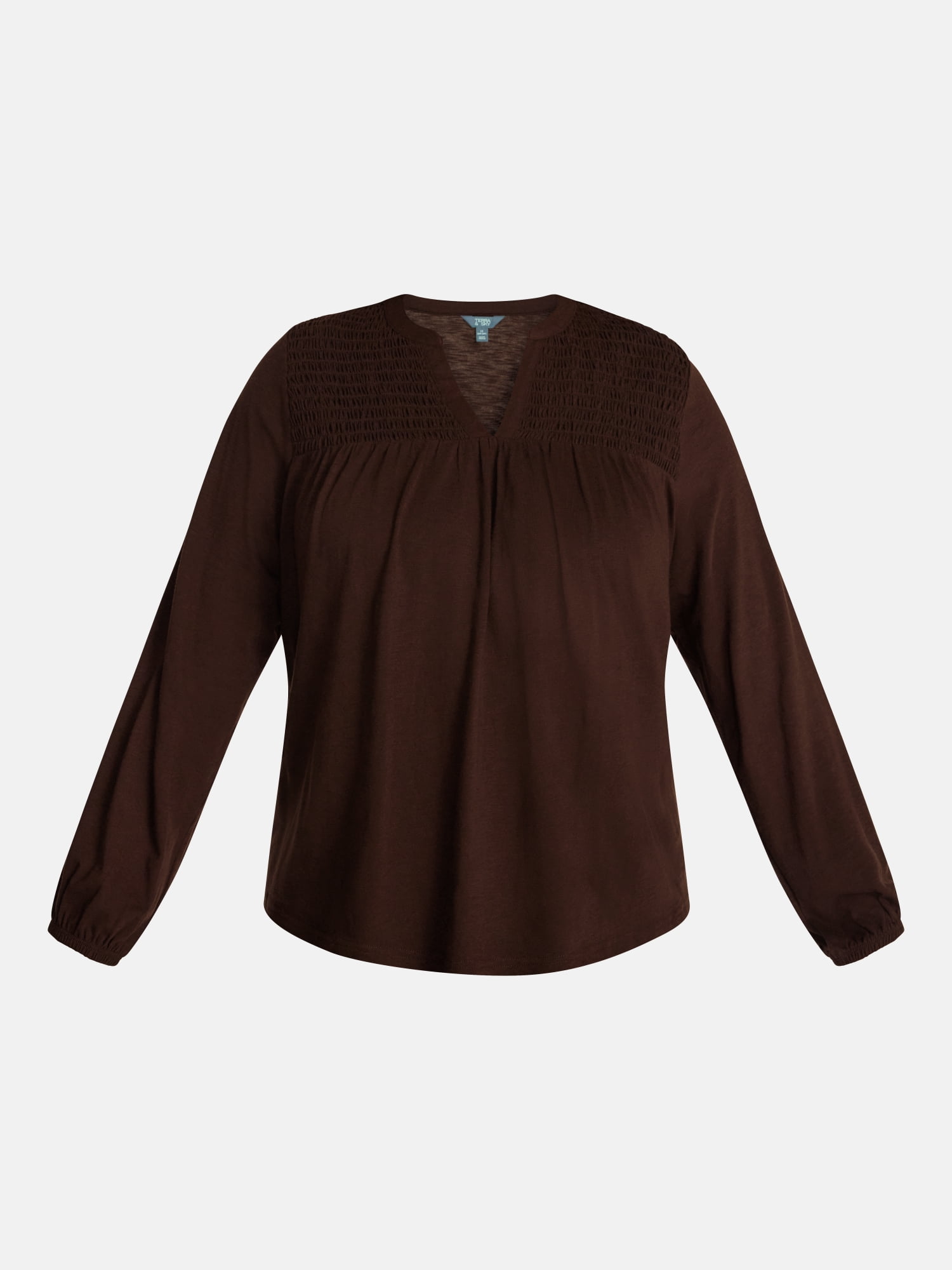 Terra & Sky Women's Plus Smocked Yoke Top with Long Sleeves, Sizes 0X-5X