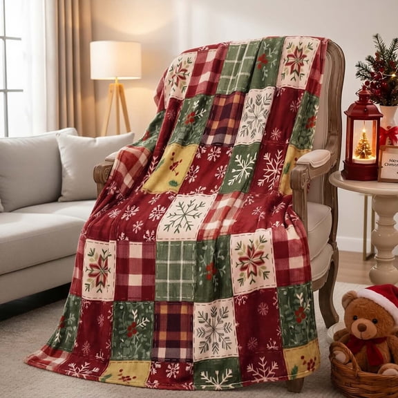 Patchwork Plaid Snowflake Throw Blanket for Couch or Bed, Soft Flannel Warm Cozy Decor Cover, Washable Blanket for Bedroom Use.