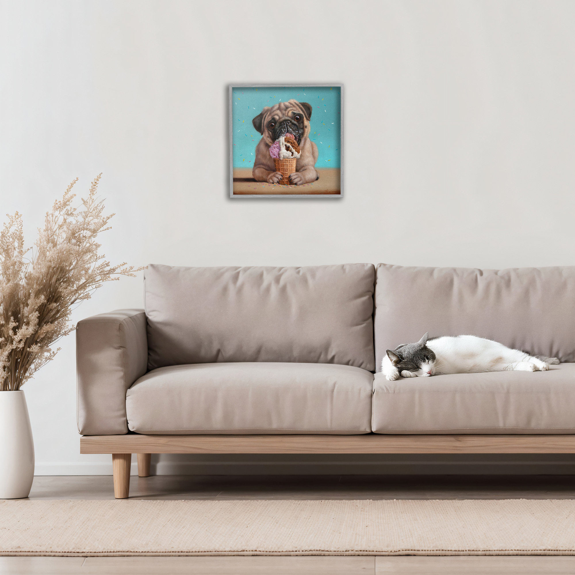 Neapawlitan Ice Cream & Dog Gray Framed Giclee Art, design by Lucia Heffernan