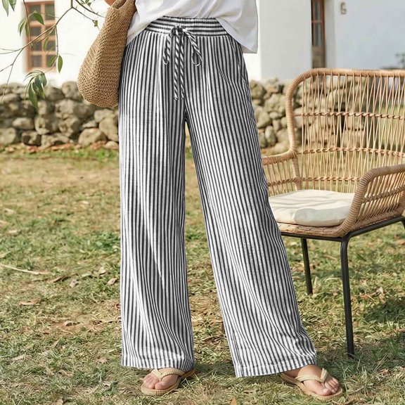 Utoimkio Women's Casual Striped Palazzo Pants,High Waist with Linen Blend Fabric