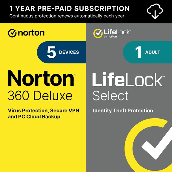 Norton 360 with LifeLock Select Bundle, All-in-One Protection for Your Devices, Online Privacy and Identity, 1 Year Subscription, PC/Mac/iOS/Android (Digital Download)