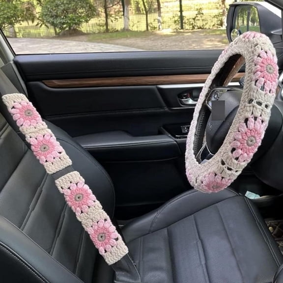 Crochet Steering Wheel Cover Set: Handmade Pink Sunflower Steering Wheel Cover Universal 14-15 inch for Women/Men, Seat Belt Cover Car Interior Accessories Decoration