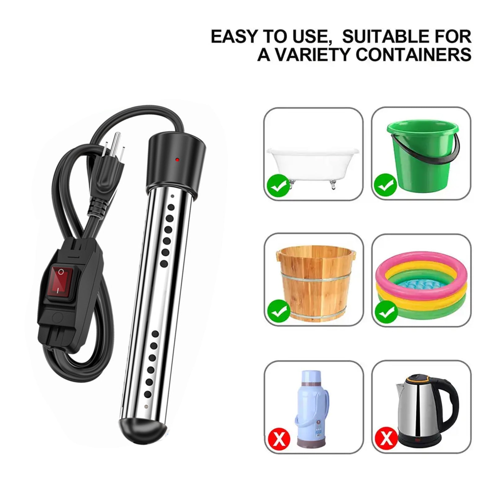 Immersion Water Heater, 1500W Pool Heater with 304 SS Guard, Bathtub with Stainless Steel Guard & Digital LCD Thermometer & Wool Scrubber