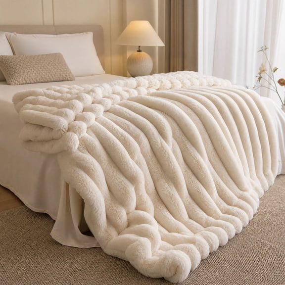Plush Faux Rabbit Fur Throw Blanket – 60" × 80" Thick & Warm, Ultra Soft Fluffy Blanket for Couch, Bed, Sofa, Ideal Gift for Women (White)