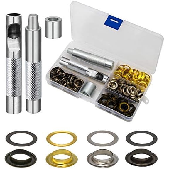 1/2 Inch Grommet Kit 100 Sets, Grommets Eyelets 12mm Sewing Eyelets Gold, Silver, Black Metal Gromit Kits 4 Colors with Tools and Storage Box