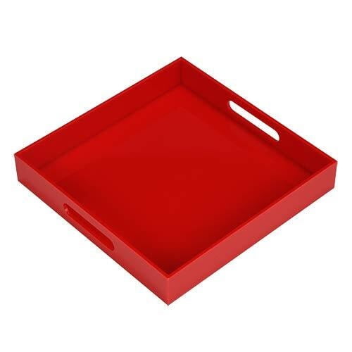 Sturdy Red Acrylic Serving Tray with Handles-10x10Inch-Serving Coffee,Appetizer,Breakfast,Butler-Kitchen Countertop Tray-Makeup Drawer Organizer-Vanity Table Tray-Ottoman Tray-Decorative Tray