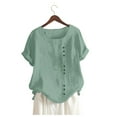 thumbnail image 3 of nochalofo Green Crew Neck Casual Blouses for Women Dressy Casual, Casual Loose Button Linen Plus Size Daily Boho Tanic T-Shirt Blouse Tops, 3 of 4