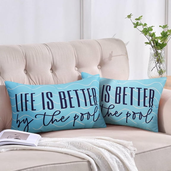 Outdoor Waterproof Throw Pillow Covers 12x20 Inch Set of 2 Blue Decorative Porch Lumbar Pillows Cover for Patio Furniture Garden, Life is Better by The Pool