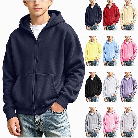 HAOTAGS Kids Hooded Sweatshirt (4-15) Long Sleeve Hoodie With Pocket Warm Zipper Jacket Navy Size 8