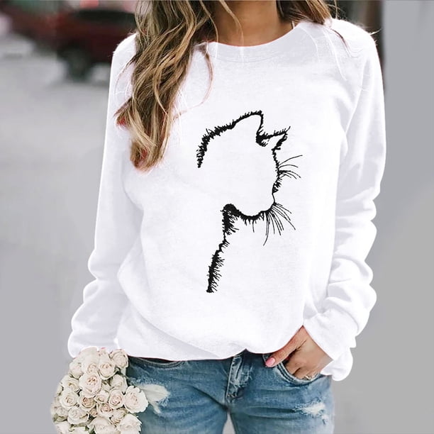 Pntutb Suéter De Cuello Redondo De Manga Larga Con Estampado De Gato Suelto Casual De Otoño E Invierno Para Mujer Pntutb Pntutb-5803