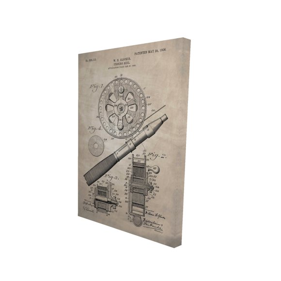 Beige blueprint of a fishing reel - 24"x36" canvas - Print on demand