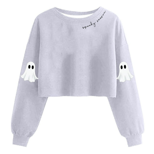 Lcziwo Chandails Courts d'Halloween pour Femmes, Automne, Chandail Graphique de Fantôme Drôle, Manches Longues Lanterne, Col Rond, Chandail à Enfiler, Saison Effrayante, Vêtements Fantaisie, Gris, TG