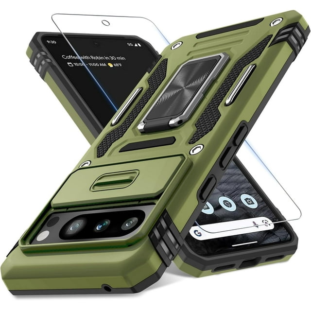KOMI Case for Google Pixel 9 Pro XL with Slide Camera Cover+Screen Protector (1 Pack), Rotated Ring Kickstand Military Grade Shockproof Heavy Duty Protective Cover Olive Green