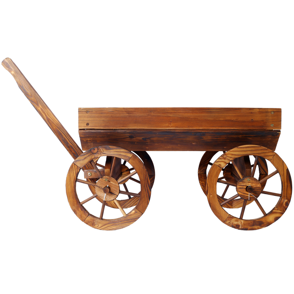 Rustic Wood Wagon Planter with Wheels - Mobile Flower Pot Stand for Garden, Patio & Outdoor Decor, Easy-Rolling Plant Cart