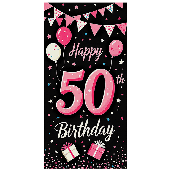 Pink Themed 50th Birthday Banner with Balloons Stars and Gift Boxes Happy Birthday Party Supplies Photography Props Backdrop Decors for Birthday Party Celebrations Photo Shoots and Decorations
