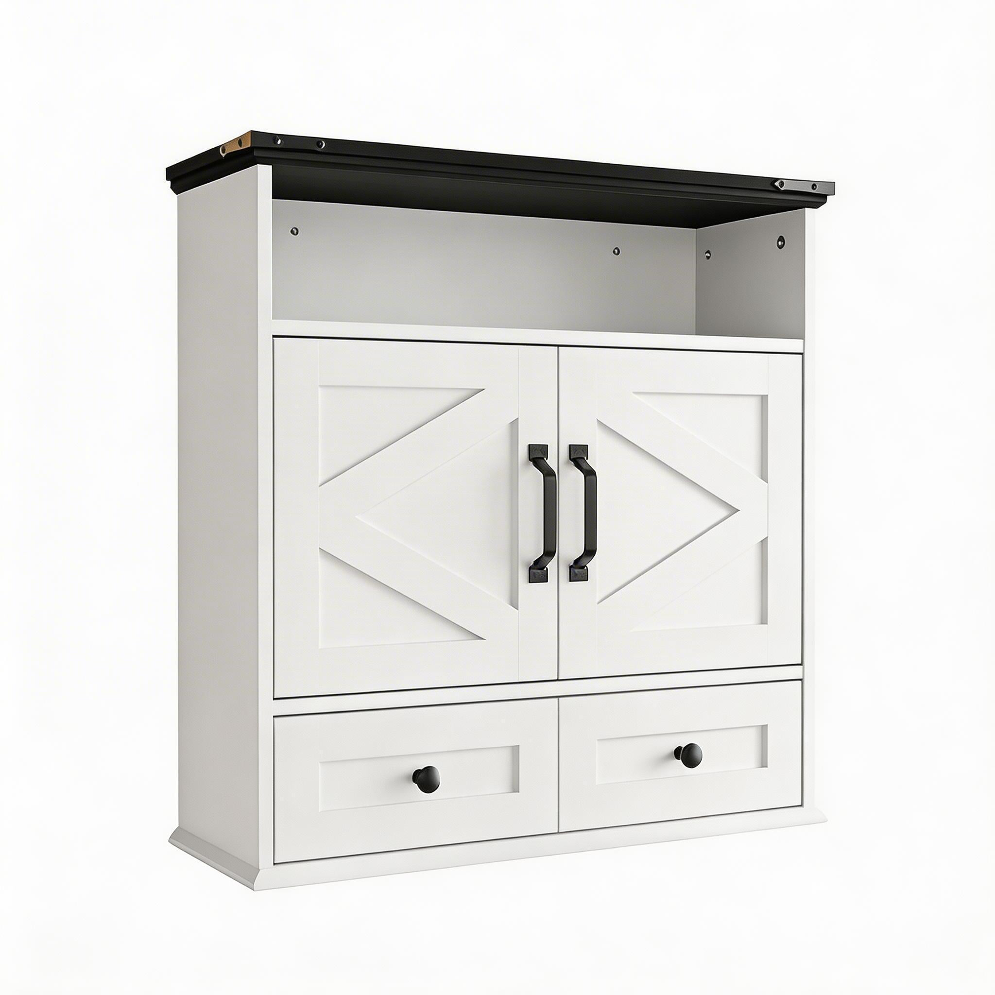 25" Wide Wall-Mounted Bathroom Cabinet with Barn Doors, Over-Toilet Storage with Adjustable Shelf & Drawer, Hanging Cabinet for Bathroom, Kitchen, Laundry, or Entryway