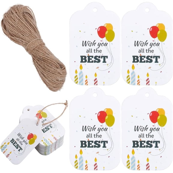 150Pcs Gift Tags Packaging Happy Birthday Tag 5 x 3cm Paper Tags with 20M Jute Cord Balloon Candles Wish You All the Best Card Gift Labels for Presents Wrapping Party Favors Wedding Christmas White