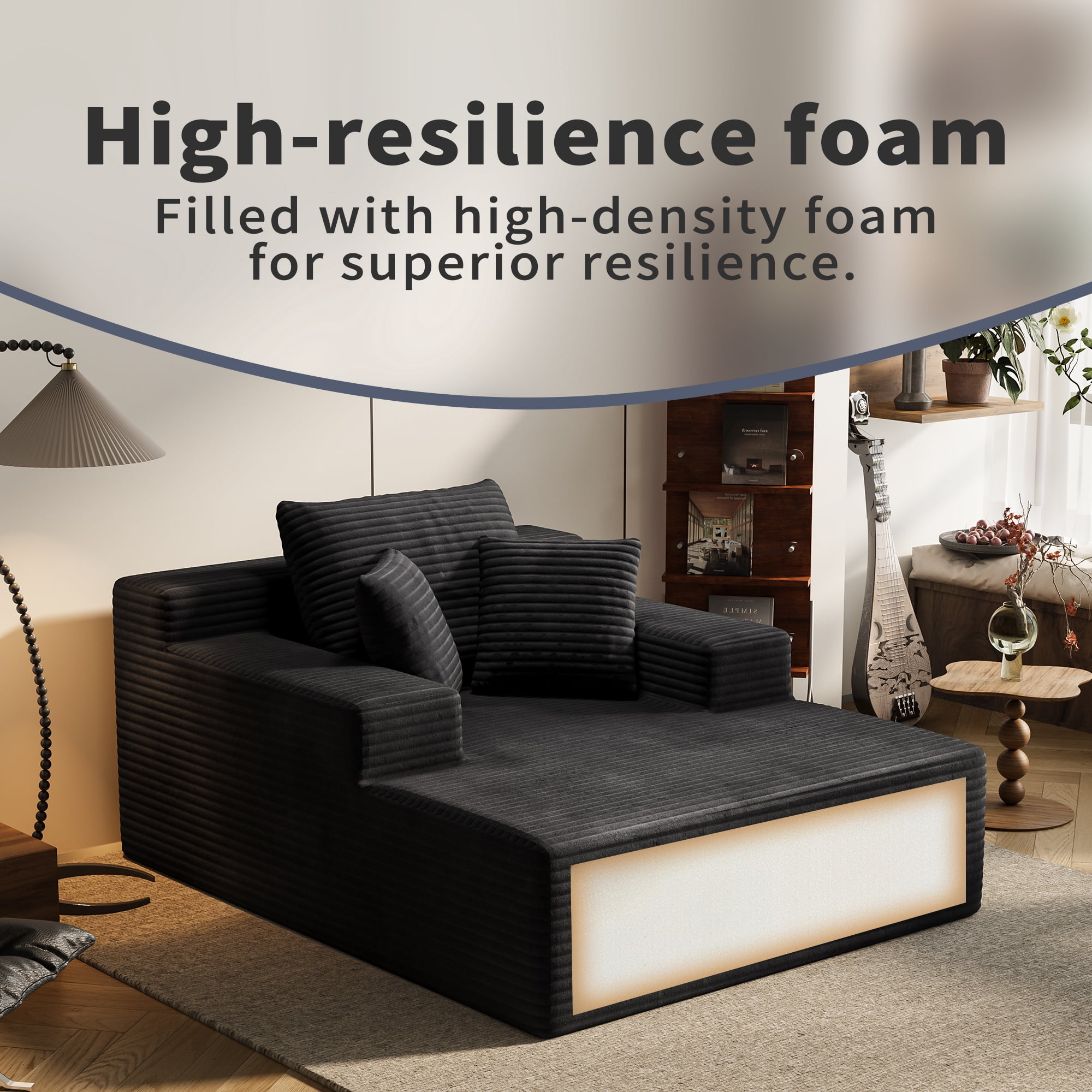 Recliner Sofa Bed, Extra Large Lounger, Deep-Seat Corduroy Sleeper, 600 Lbs Capacity, 64.96-Inch Width, 30.31-Inch Seat Depth, Upholstered Foldable Design for Living Room Bedroom, Black