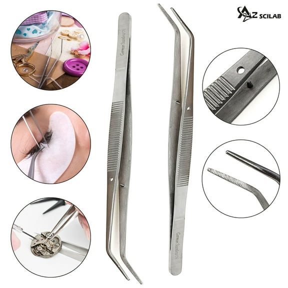 A2ZSCILAB Stainless Steel Tweezers Set, Curved Tip Eyelash Extension Tweezers, Fine Point Tweezers for Daily Beauty, Jewelry-Making, Craft (2 Pcs)