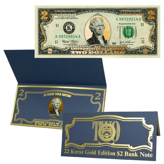 22k Gold Layered Uncirculated Two Dollar Bill - Special Edition Collectible Currency