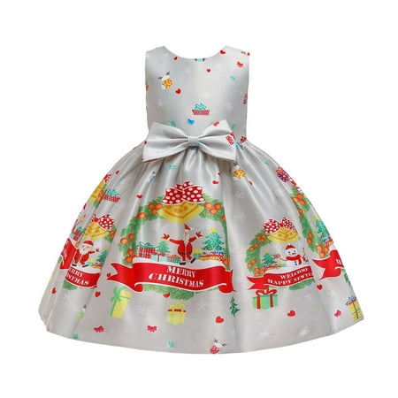 

WUXIAN Toddler Kids Girls Christmas Bowknot Cartoon Snowflake Print Sleeveless Dress Pageant Party Child Gown Dress Baby Sundress Cute Dailywear