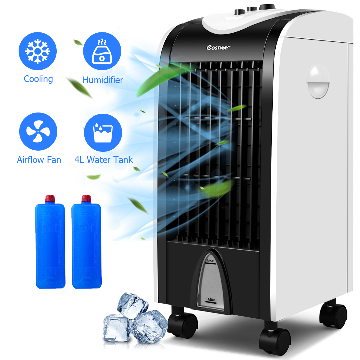 PS//ABS Plastic, 2 Ice Cartridges, Remote Control 5m Uniprodo Mobile Water Air Cooler 4-in-1 Evaporative Air Cooler Humidifier Purifier Heater Portable Air Filter Flexible 6L Water Tank UNI/_COOLER/_01