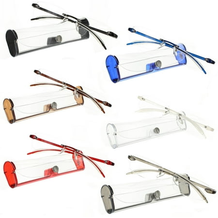 FIORE Reading Glasses 1.25 | 6 Pack Premium Feather Flex Rimless Readers with Case