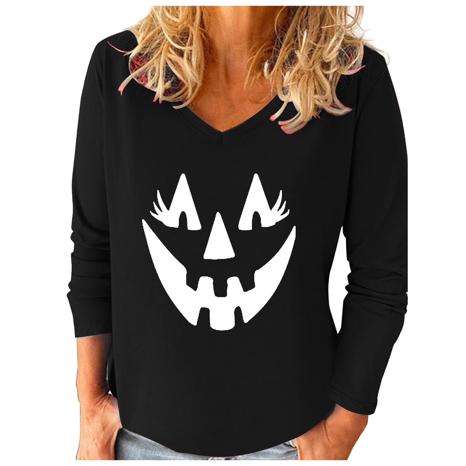 Women Halloween Printing Round Neck Printed Solid Pumpkin Shirt Blouse Pullover