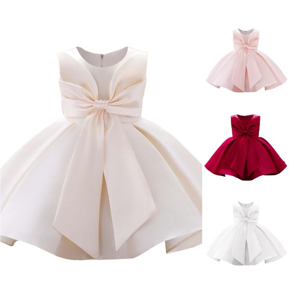 LIIPEE Girls Oversized Bowknot Party Dress Kids Solid Color Sleeveless Cute Wedding Flower Girl Tutu Dresses With Cake Hem,9-12 Months